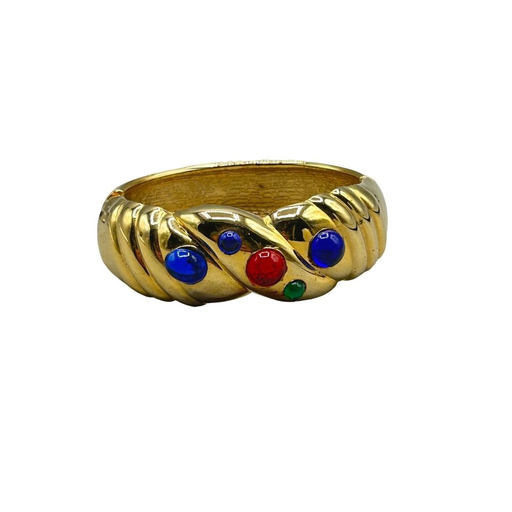 Vintage Gold Tone Hinged Bangle Bracelet with Multicolor Acrylic Cabochons